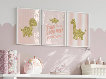 Pink gray girls dinosaur nursery art, girl pink sparkle dinosaur art, baby girl dinosaurs, girl dinosaur wall art, girls bedroom dinosaurs