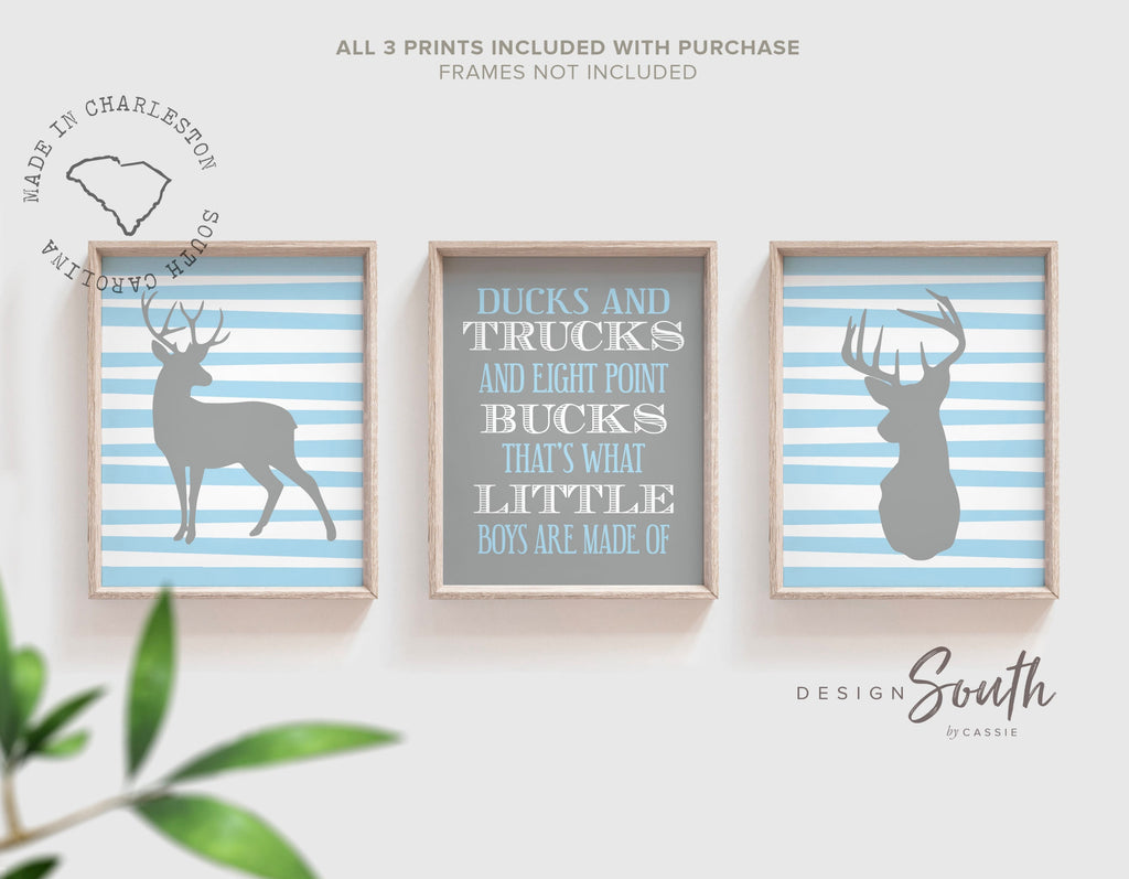 Buck deer print for nursery bedroom playroom, baby blue and gray nursery art, ducks trucks eight point bucks, what little boys are made of