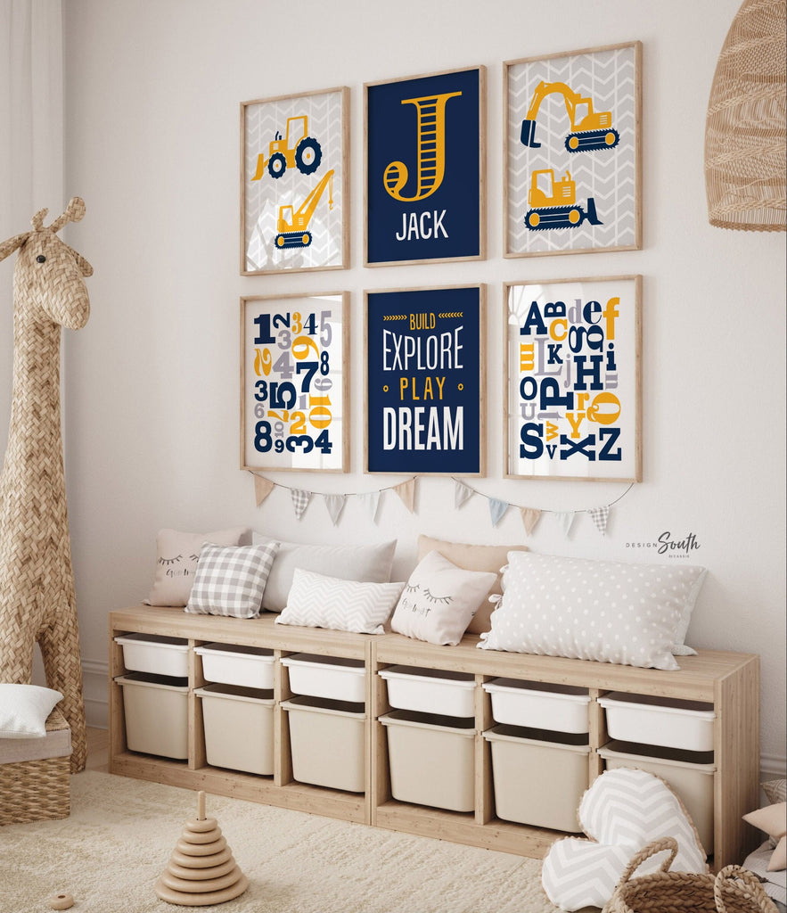 Construction boy bedroom theme, little boy construction truck art, construction with quote abcs 123s boys name, build explore play dream