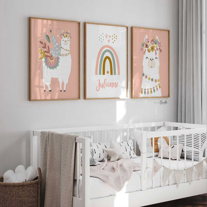 Boho nursery decor, boho nursery wall art idea, print set llama mauve pink succulents, llama themed baby room, wall decor girl bedroom llama