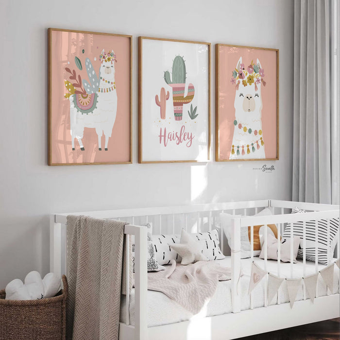 Boho nursery decor, boho nursery wall art idea, print set llama mauve pink succulents, llama themed baby room, wall decor girl bedroom llama