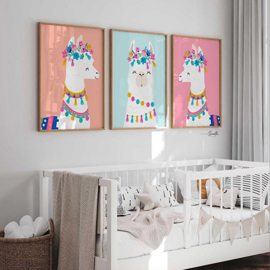 Alpaca cute cactus animal colorful, girl fiesta illustration, llama art prints cacti, modern kids baby girl llama, teenage girl wall decor