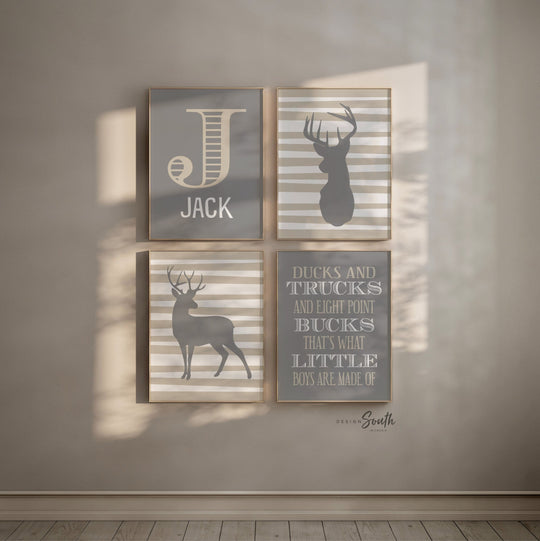 Deer nursery decor, boys nursery art, beige gray, hunting theme nursery, ducks and trucks, eight point bucks, what little boys are made of