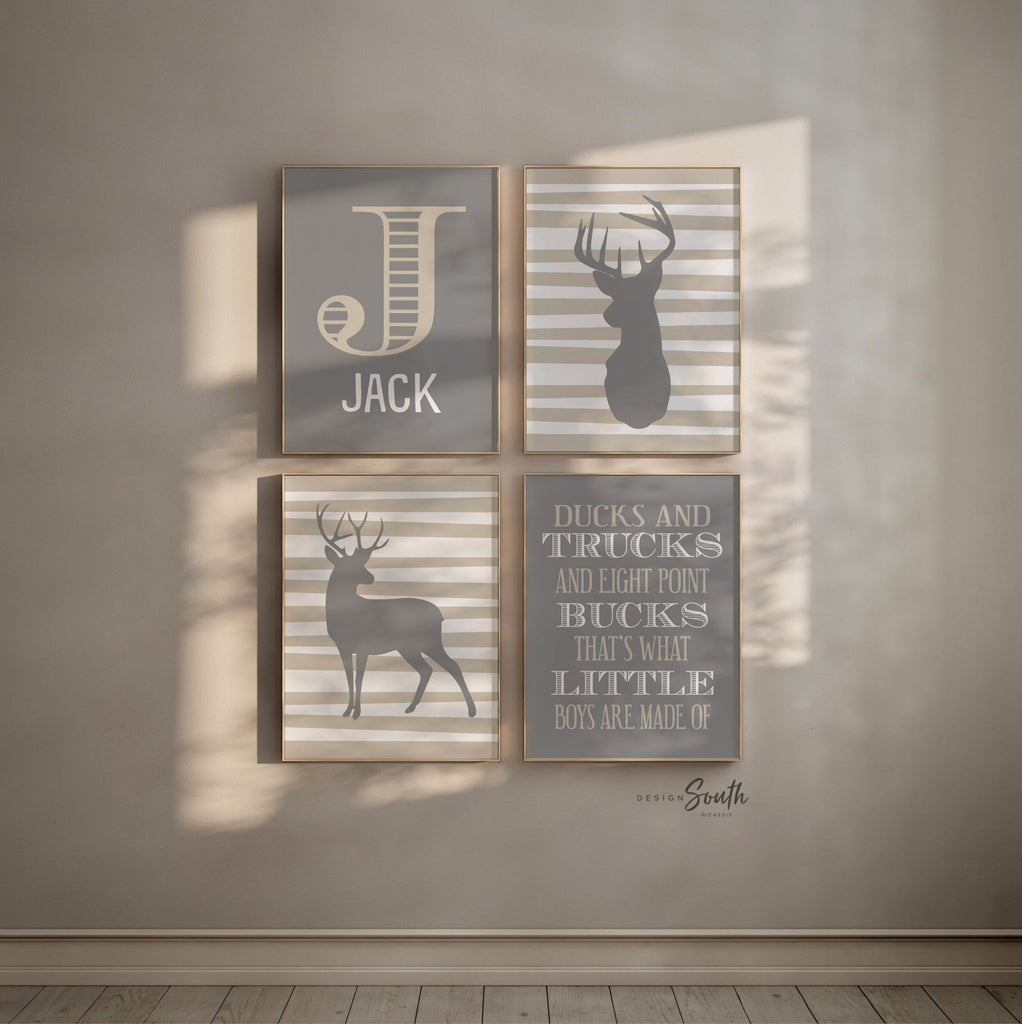 Deer nursery decor, boys nursery art, beige gray, hunting theme nursery, ducks and trucks, eight point bucks, what little boys are made of