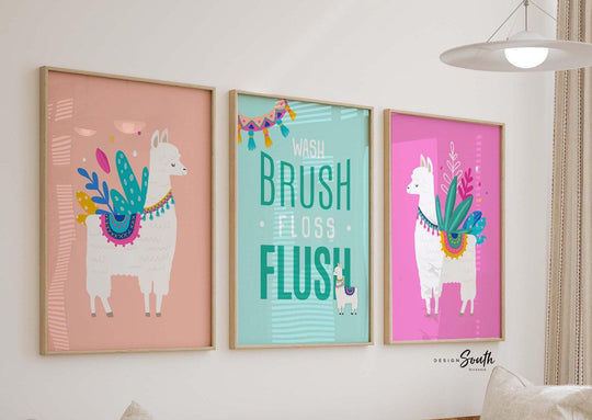 Kids llama bathroom, brush flush childrens bathroom art print, boy/girl llama bathroom, toddler bathroom art llama alpaca cactus theme decor