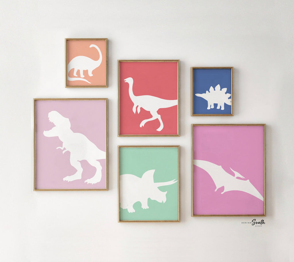 Colorful dinosaur art, little girl room dinosaur themed, wall art print set of 6 dinosaurs, collection of dinosaur prints, playroom dinosaur