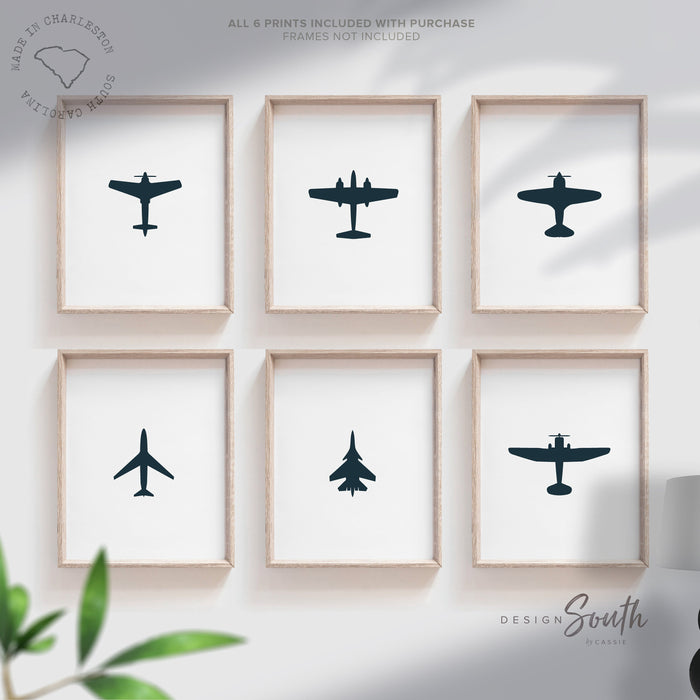 Airplane nursery wall art, boy plane bedroom prints, plane room decor for toddler, boy airplane poster print set six, airplane themed decor