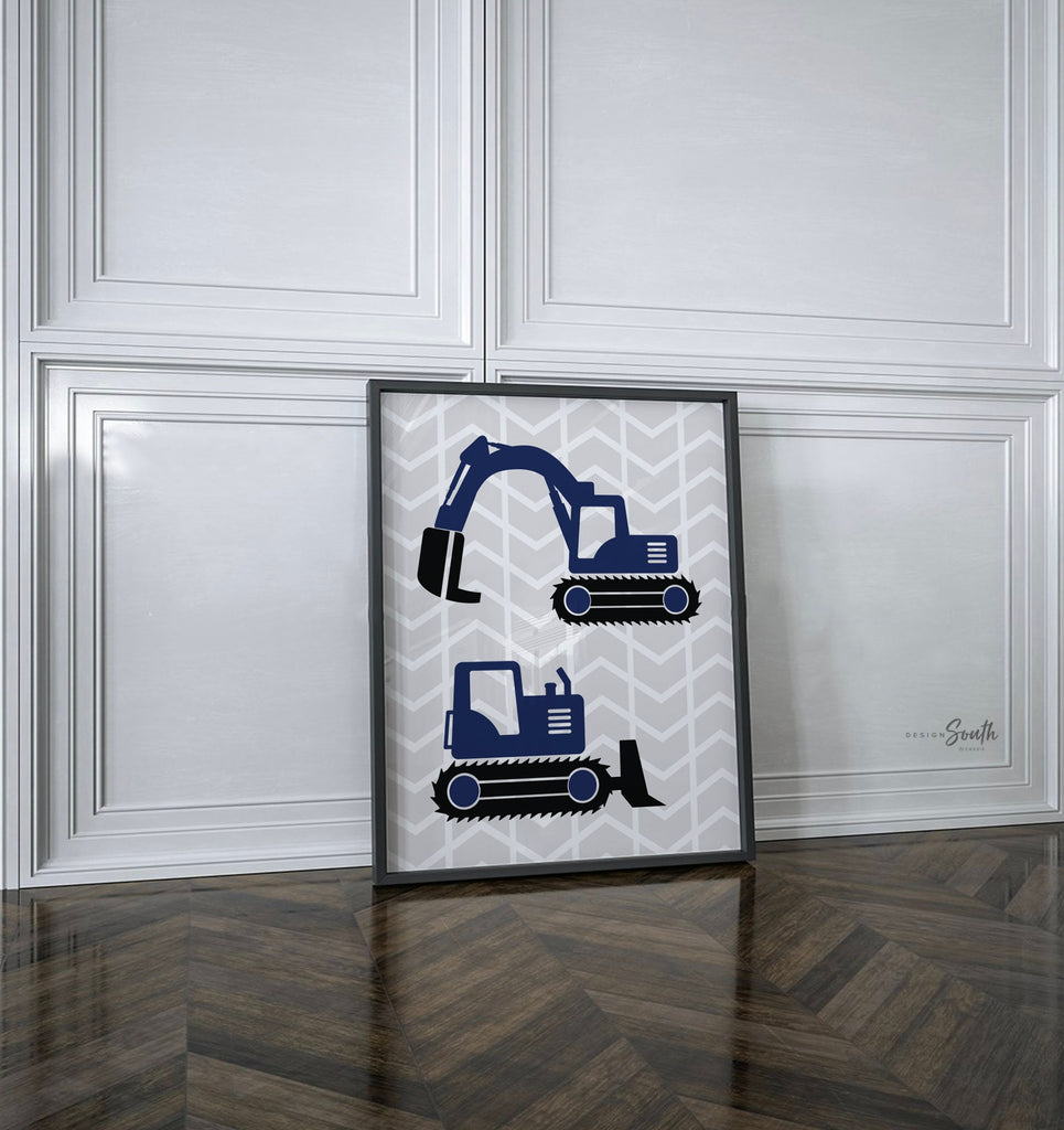 Construction prints, trucks, construction nursery, digger, bulldozer, boys nursery decor, gray, navy blue, art prints, boys construction