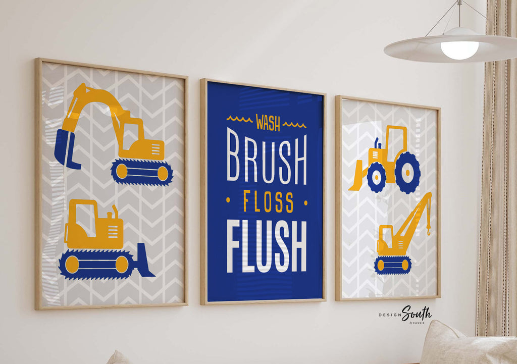 Construction theme bathroom decor, boys wall art construction, cobalt blue yellow boy bathroom decor, toddler kids decor construction truck