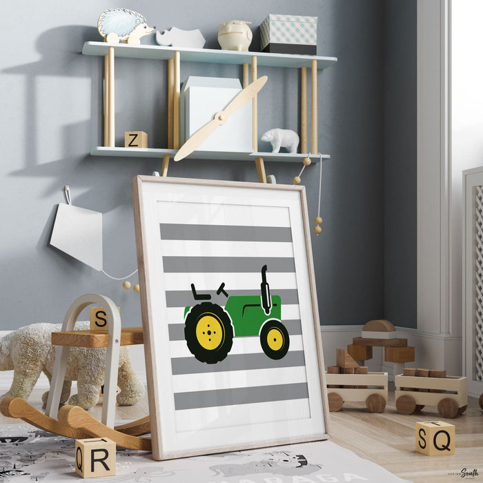 Tractors trucks and toys quote, green yellow tractor nursery art, little boy room art tractor themed, green tractor wall prints for boy wall