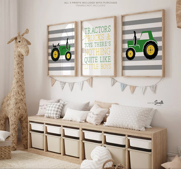 Tractors trucks and toys quote, green yellow tractor nursery art, little boy room art tractor themed, green tractor wall prints for boy wall