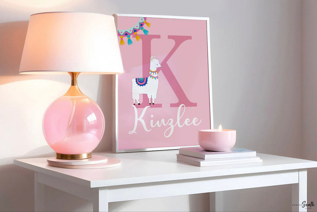 Pastel llama nursery art, little girls llama nursery bedroom, girls pink yellow teal room decor, baby girl personalized boho llama themed
