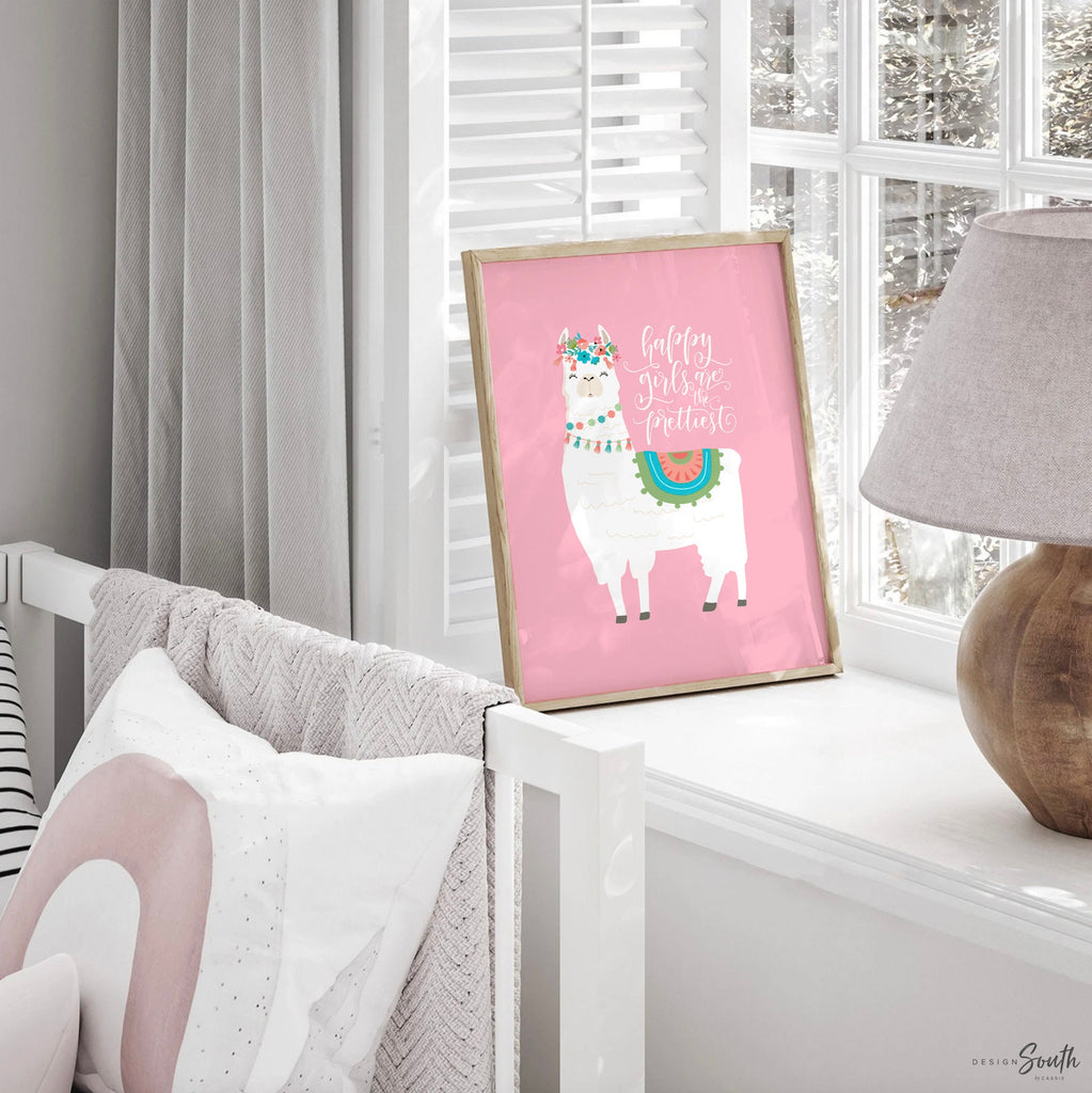 Llama birthday party customized, alpaca cactus theme, llama party decor, llama baby girl nursery wall art personalized, little girls bedroom