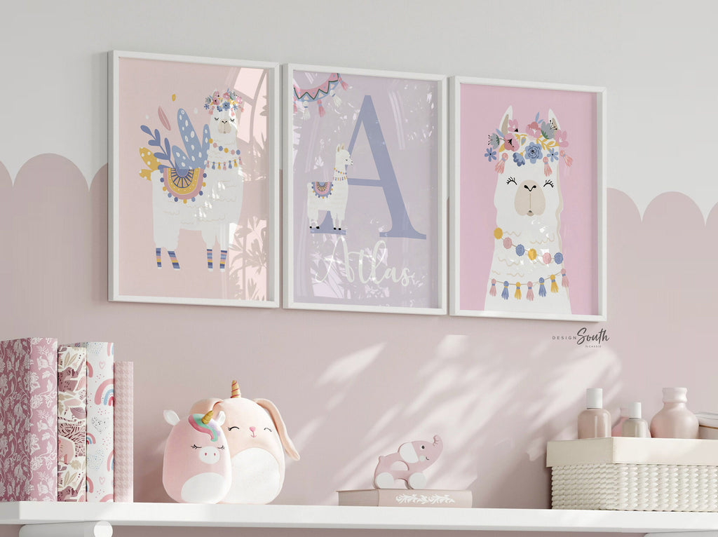 Personalized letter and name wall art pastel, llama baby girl nursery art, girl monogram art, baby girl flower llama nursery pink pastel