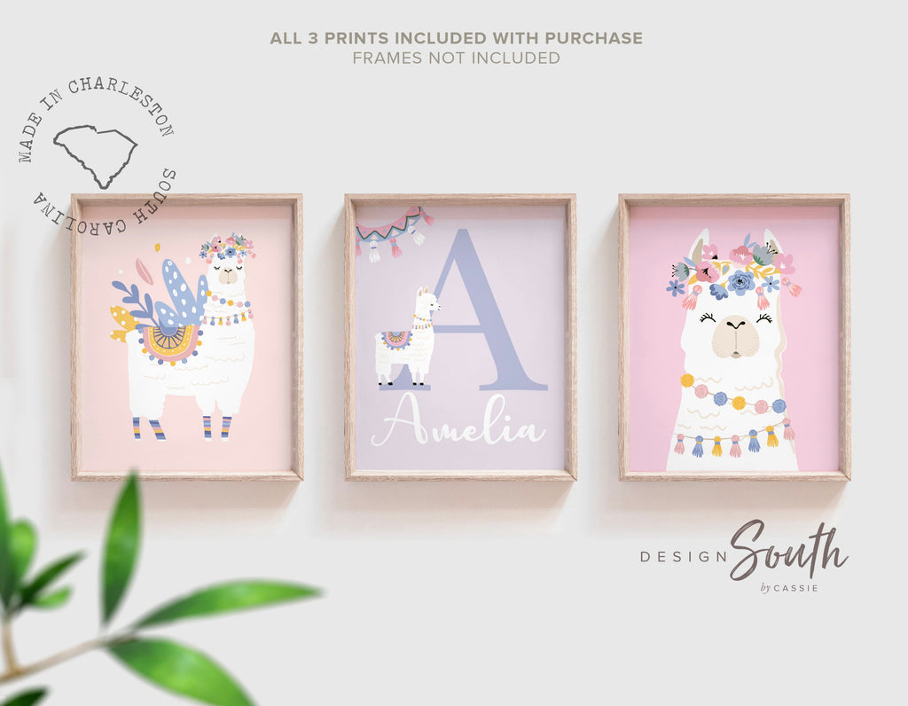 Personalized letter and name wall art pastel, llama baby girl nursery art, girl monogram art, baby girl flower llama nursery pink pastel