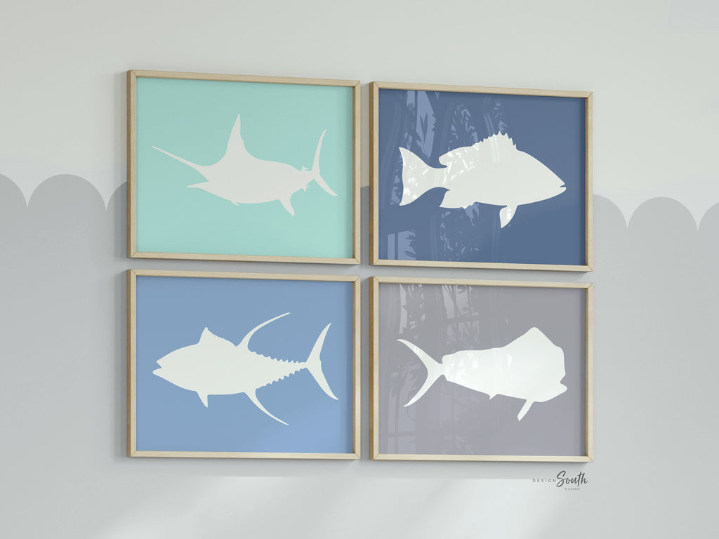 Boys ocean fish nursery decor, boys fishing nursery, nautical nursery theme, blue fish theme nursery, boys saltwater fish marlin dorado tuna
