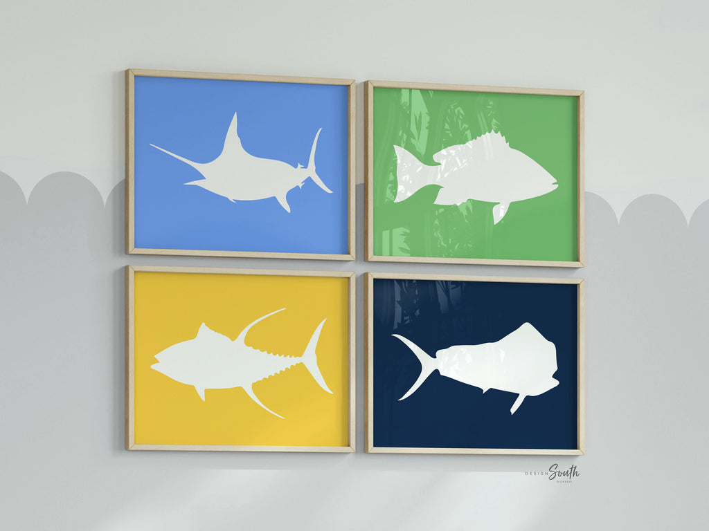 Patagonia colors, offshore fish art, saltwater fish decor, blue marlin, dorado, yellowfin tuna, red snapper, boys fish theme, baby fisherman