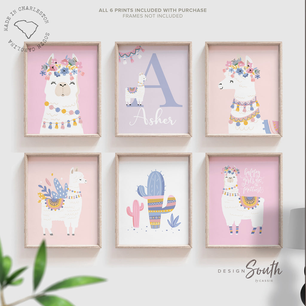 Soft coral pink pastel girl room art, pastel llama girl decor, personalized name gift girl, llama alpaca theme gift, set of 6 prints in pink
