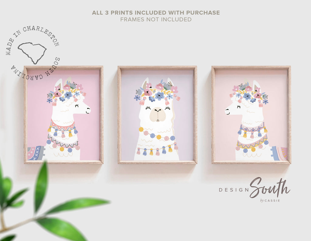 Pink pastel llama nursery wall decor, soft pink sweet llama room art, girl pastel room prints, set of 3 art above crib, pastel pink bedroom