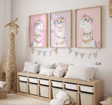 Pink pastel llama nursery wall decor, soft pink sweet llama room art, girl pastel room prints, set of 3 art above crib, pastel pink bedroom