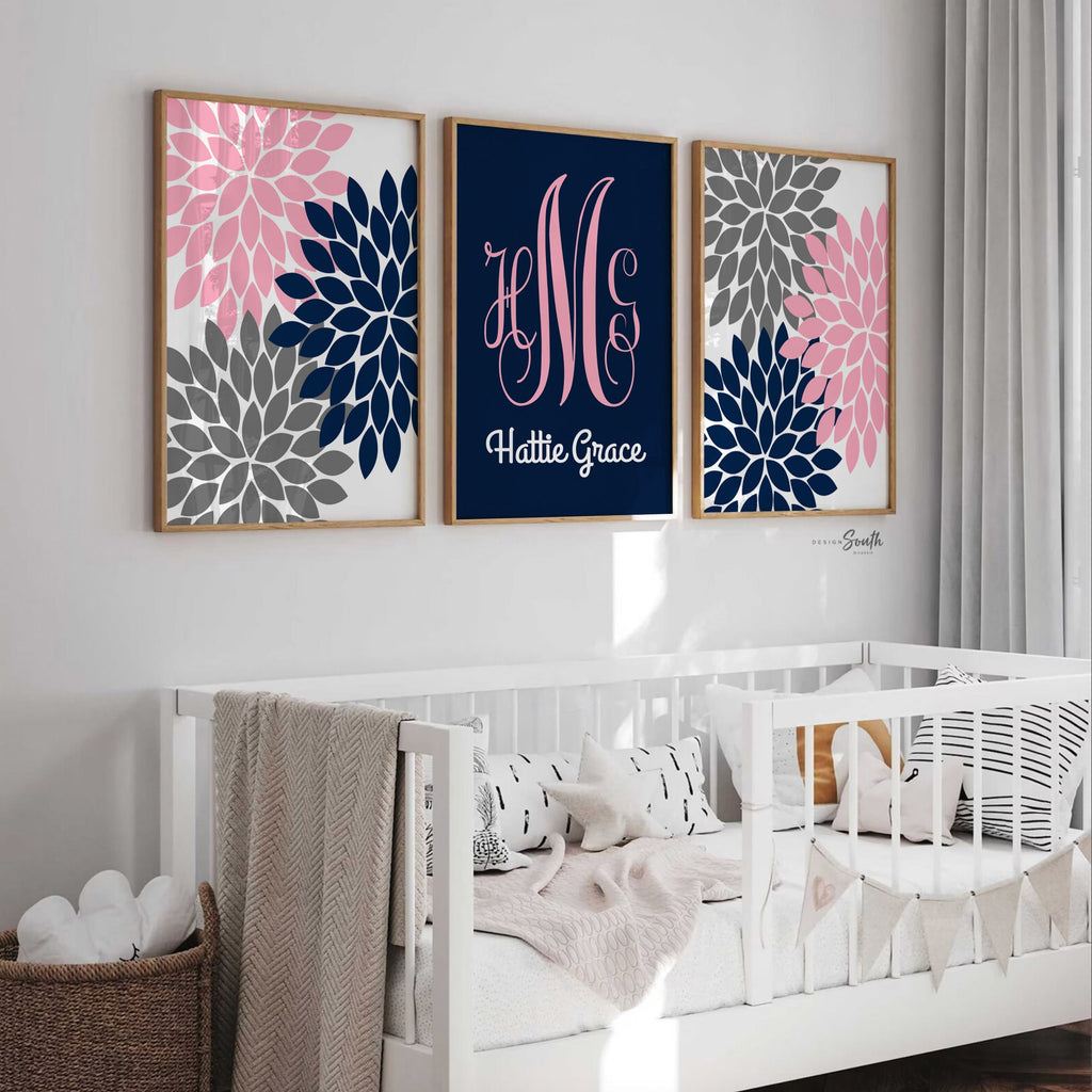 Pink and navy wall art, pink navy nursery, monogram wall art, baby girl nursery wall art, girls bedroom wall art, girls bedroom wall decor