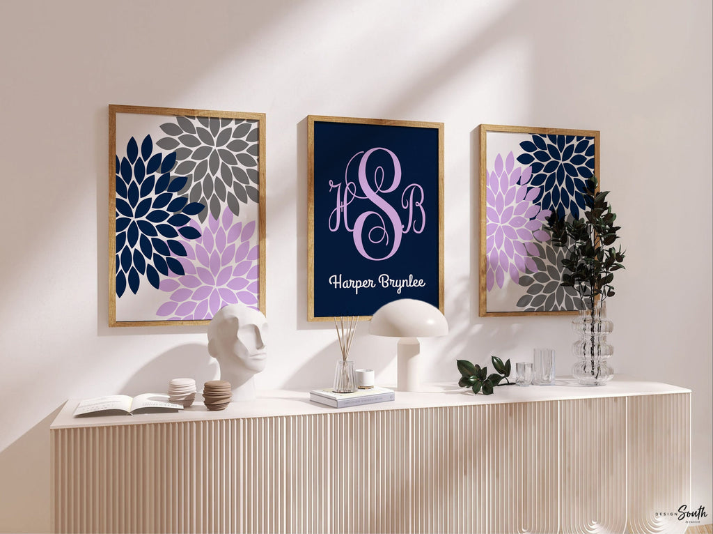 Purple navy and gray nursery wall art, personalized baby girl gift, flower nursery decor, girl monogram decor, purple bedroom, girls bedroom