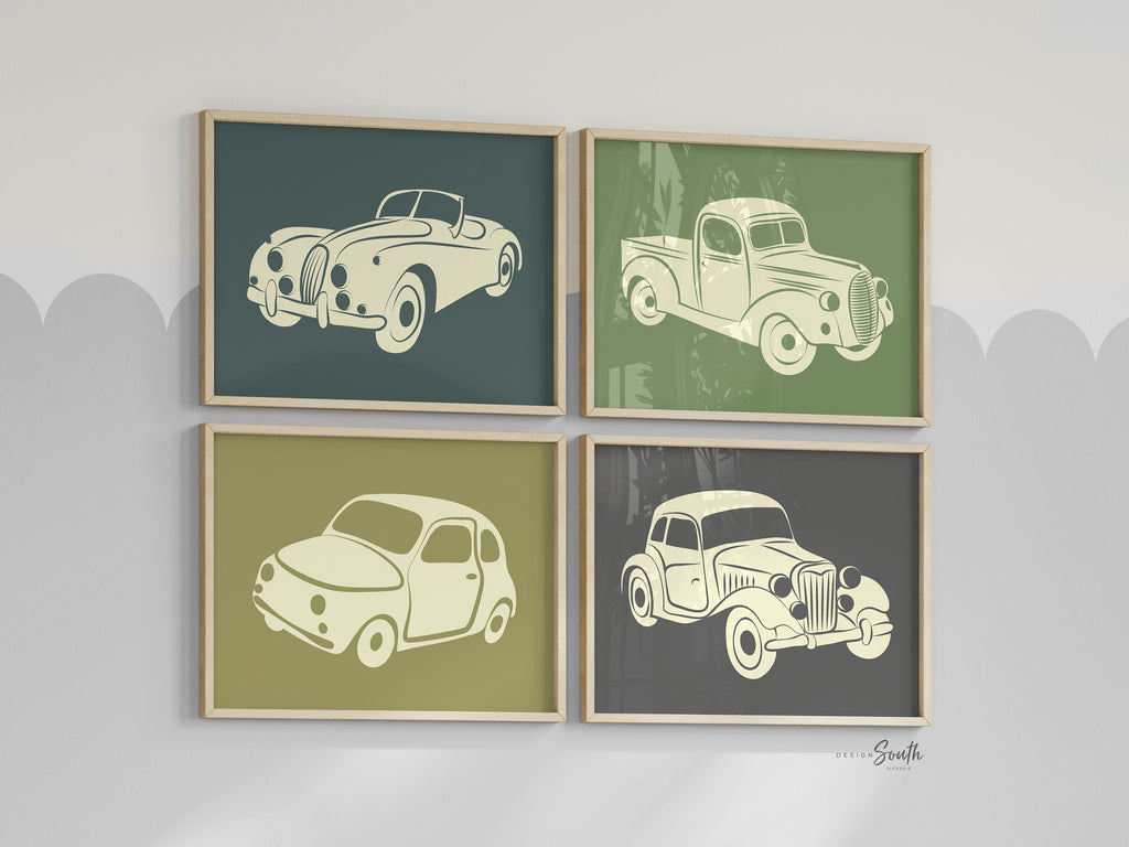 Vintage car and truck decor, vintage nursery decor, boys bedroom decor, boys playroom decor, transportation decor boys, vintage car wall art