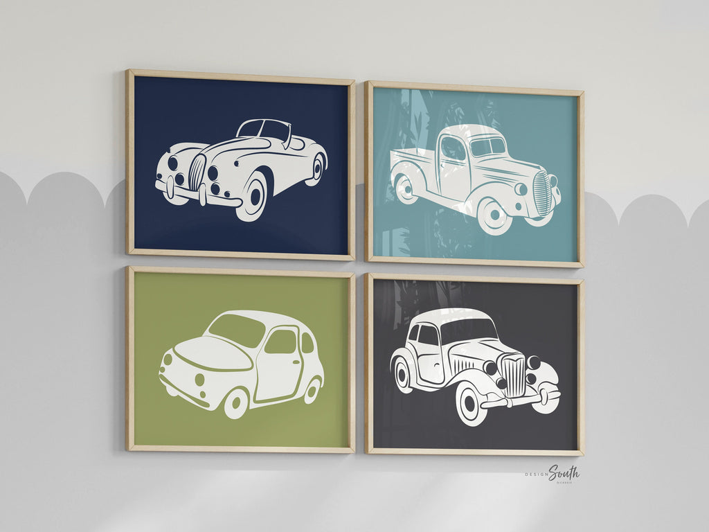 Vintage car and truck decor, vintage car decor, boys transportation prints, transportation nursery theme, boys car nursery, green blue gray