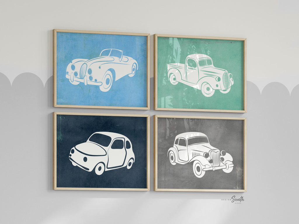 Vintage cars and trucks, nursery decor, boys bedroom wall art, red blue green gray car prints, boys nursery decor, car nursery, vintage baby