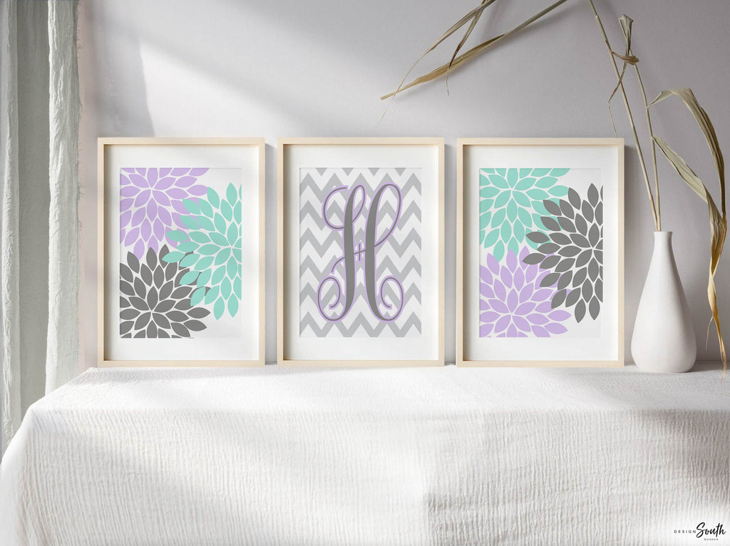 Girls nursery decor, purple and teal dahlia monogram, bedroom monogrammed wall decor, baby girl nursery, personalized letter initial decor