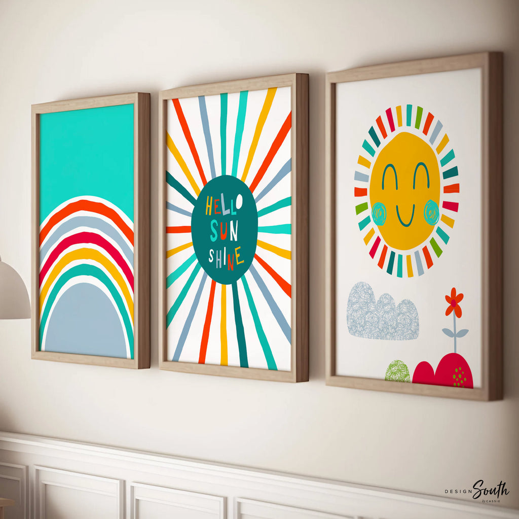 Teal yellow orange kid room art, wall art print set of 3 for children, bright fun colorful art for child wall, teal yellow sun rainbow theme