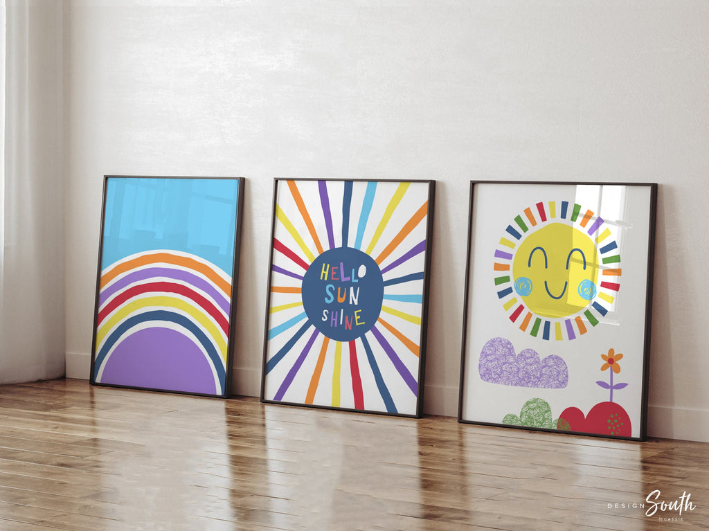 Sunshine nursery wall art, hello sunshine sun rays clouds, rainbow primary colors, girl boy playroom room wall art, unisex themes room idea