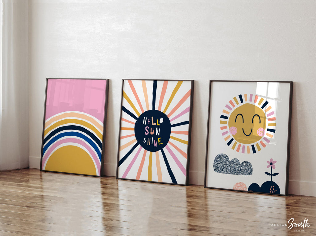Rainbow sunshine boho colors, pink sunshine nursery wall art, hello sunshine sun rays clouds rainbow pink colors, pink yellow baby room wall