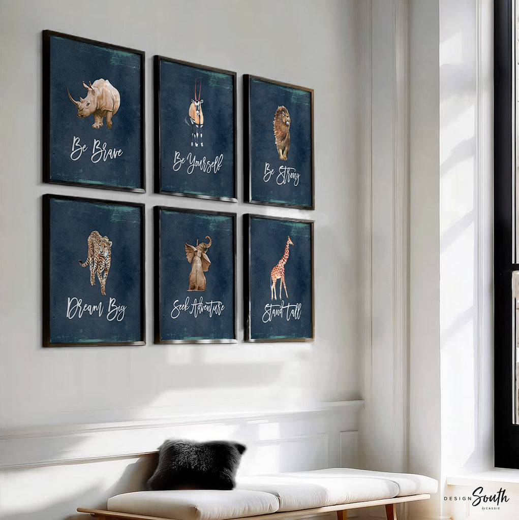 Navy blue nursery art for boy, navy blue playroom wall art, toddler boy room themes, boy jungle animal nursery art, nursery giraffe elephant
