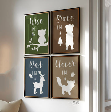 Baby boy nursery rustic woodland animals, bear owl deer kids wall art prints, blue beige woodland, boy wall decor ideas, animals wall art