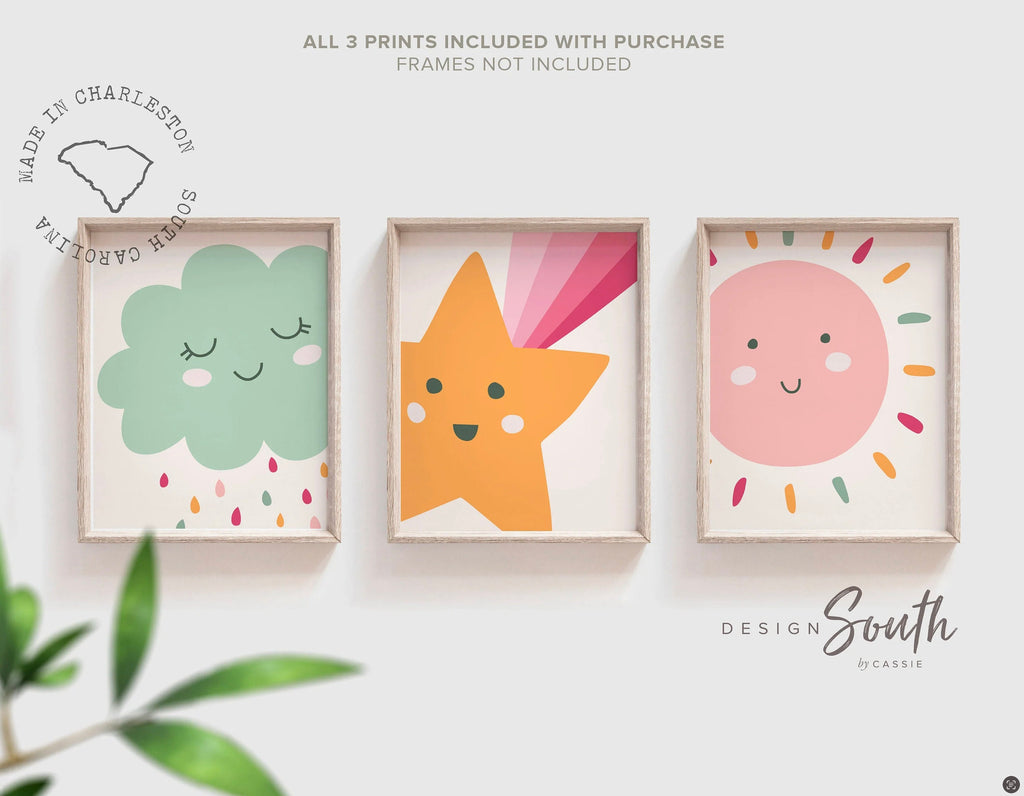 Sunshine nursery art, sunshine themed nursery decor, kids playroom wall ideas, baby shooting star art print set, pastel sun shooting star