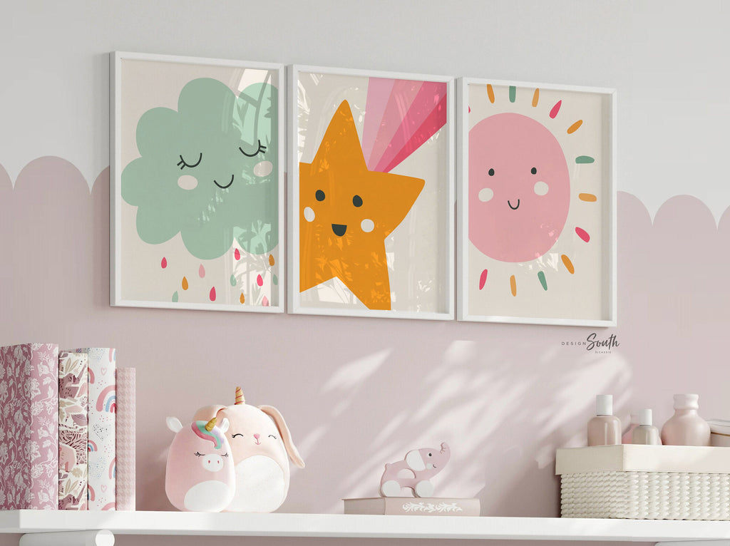 Sunshine nursery art, sunshine themed nursery decor, kids playroom wall ideas, baby shooting star art print set, pastel sun shooting star