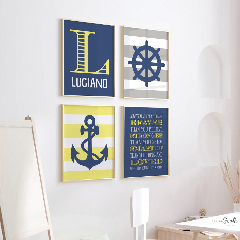 Nautical nursery wall art yellow gray and navy blue, baby boy nautical decor, boys anchor sailboat wheel, yellow gray nautical, yellow navy