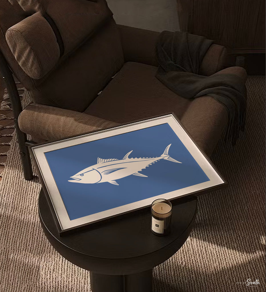 Fish art prints nursery decor modern, nautical artwork blue and gray, set of four prints, fishing theme gift for boys, playroom wall ideas