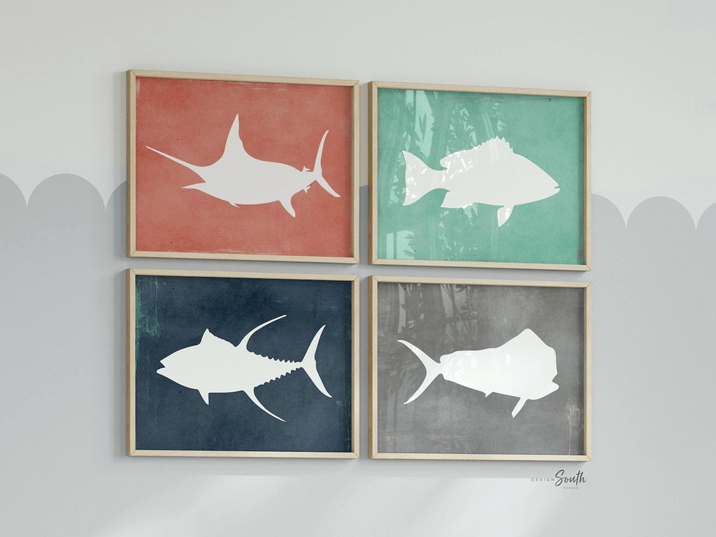 Nautical room decor, saltwater deep sea fish poster print set, fishing theme bedroom wall art, saltwater fish nursery, fish theme blue gray