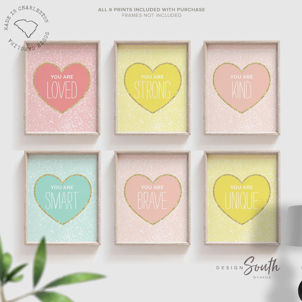 Pastel and gold girls room art, pastel hearts, wall art prints for girl, pink and gold hearts soft pastel pink posters, pink yellow and aqua