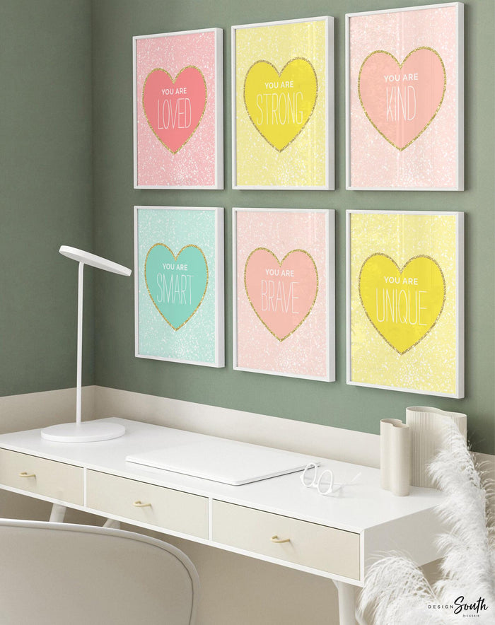 Pastel and gold girls room art, pastel hearts, wall art prints for girl, pink and gold hearts soft pastel pink posters, pink yellow and aqua