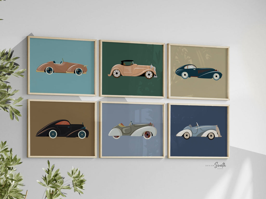 Retro kids transportation wall art print set, classic car themed boys room, decor antique retro old cars decor, little boys room decor cars