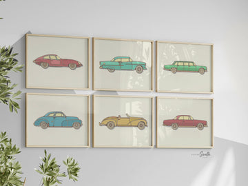 Classic sports car collection kids art, antique classic car art, retro car nursery, antique car art, playroom car decor, bedroom kid car art