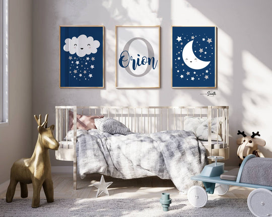 Baby boy nursery navy and gray, celestial stars theme nursery wall prints for boys, nursery wall art, boys moon cloud and star nursery decor