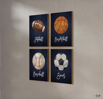 Little boy sports room theme, sports kids wall art print, vintage sports decor, set of 4 sports balls, football baseball basketball children