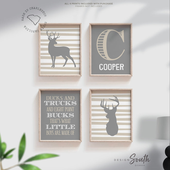 Deer nursery decor, boys nursery art, beige gray, hunting theme nursery, ducks and trucks, eight point bucks, what little boys are made of