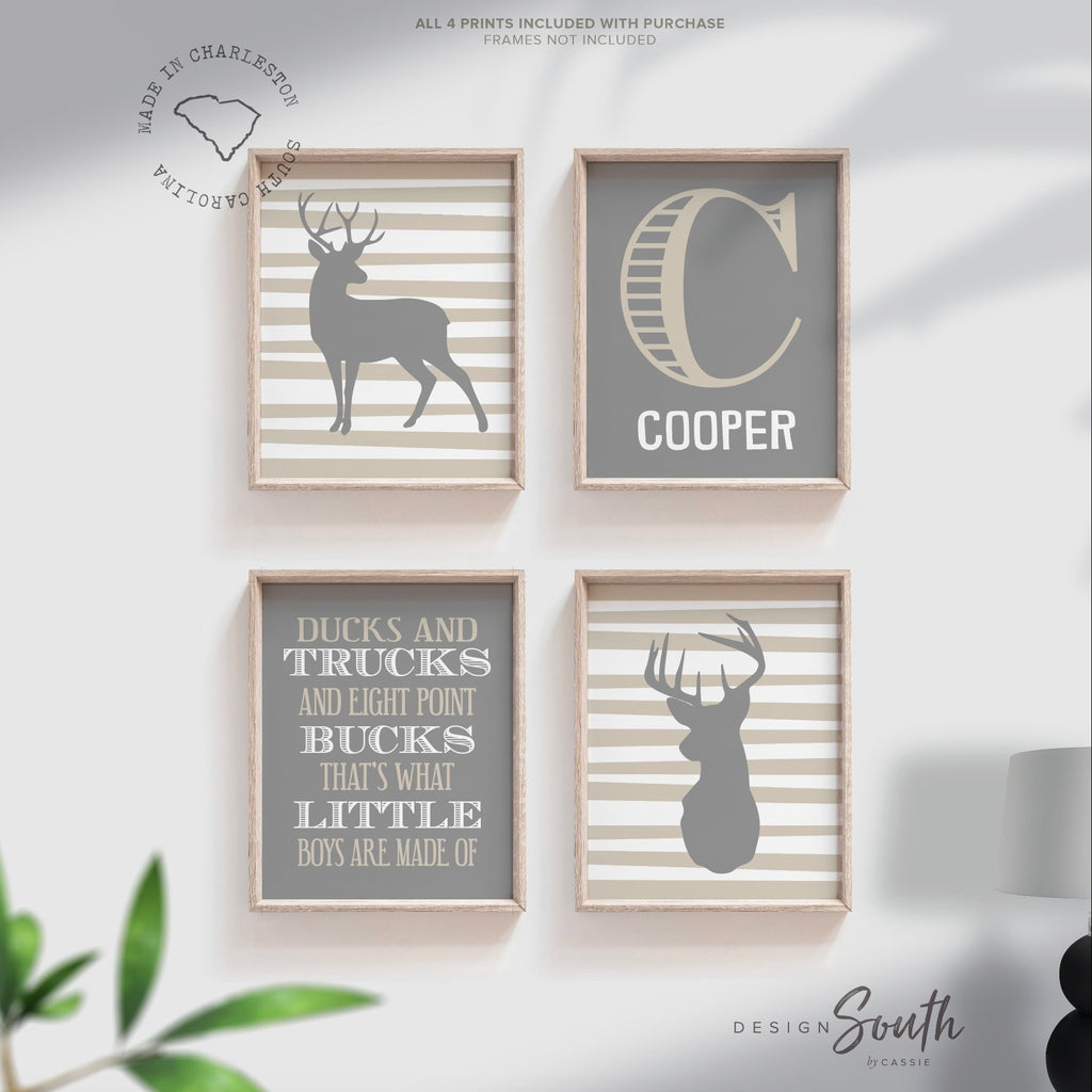 Deer nursery decor, boys nursery art, beige gray, hunting theme nursery, ducks and trucks, eight point bucks, what little boys are made of