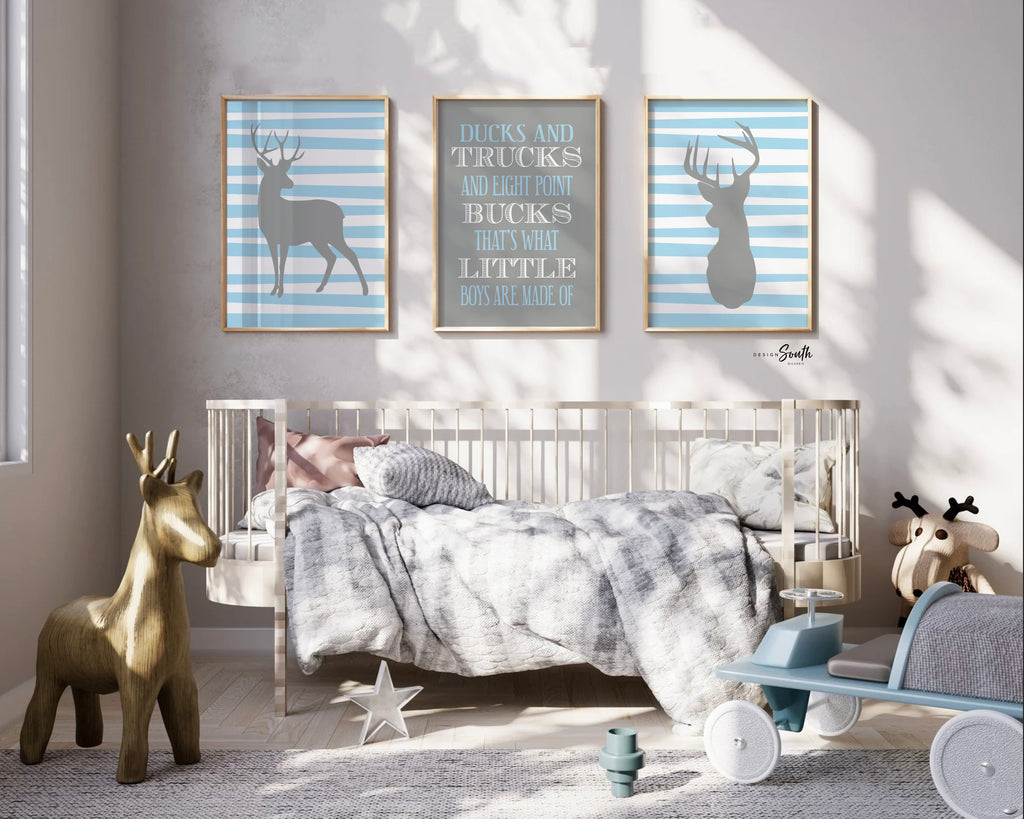 Buck deer print for nursery bedroom playroom, baby blue and gray nursery art, ducks trucks eight point bucks, what little boys are made of