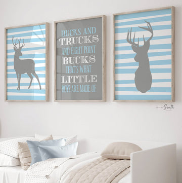 Buck deer print for nursery bedroom playroom, baby blue and gray nursery art, ducks trucks eight point bucks, what little boys are made of